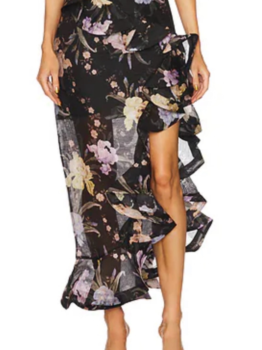 Black Floral Ruffle High-Slit Maxi Skirt